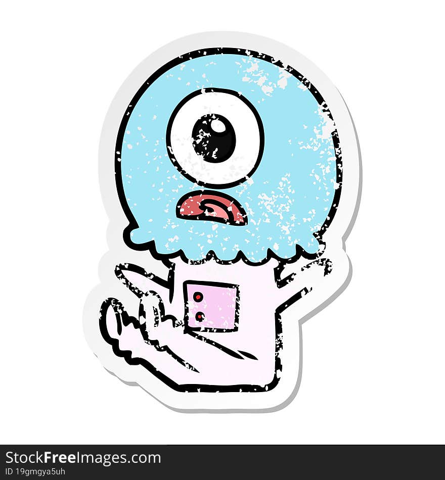 distressed sticker of a cartoon cyclops alien spaceman