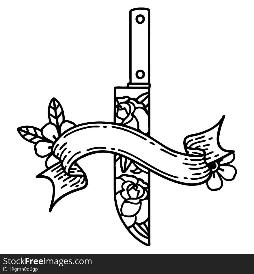 traditional black linework tattoo with banner of a dagger and flowers