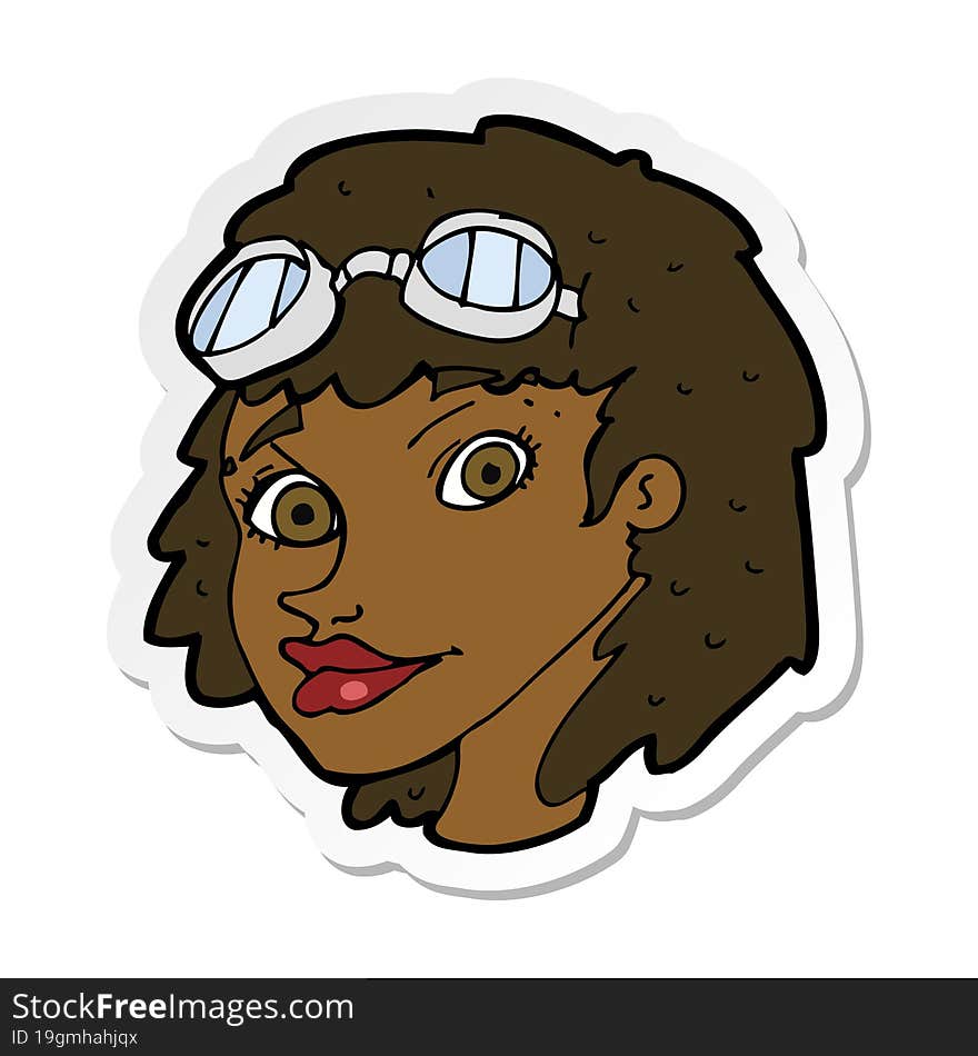 sticker of a cartoon happy woman wearing aviator goggles