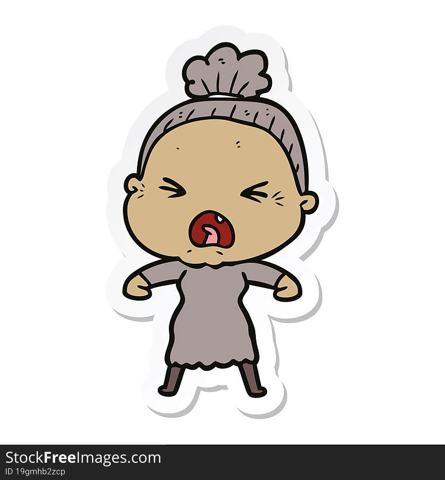 sticker of a cartoon angry old woman