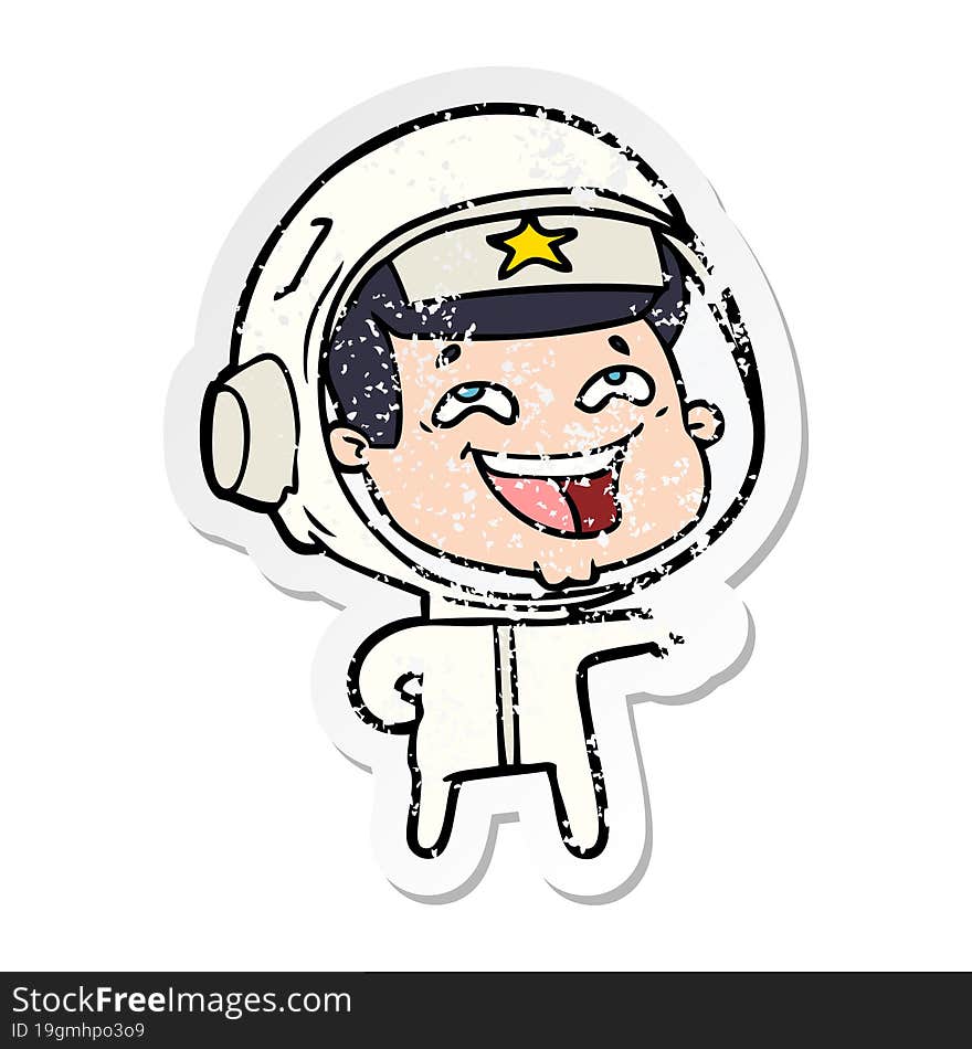 distressed sticker of a cartoon laughing astronaut