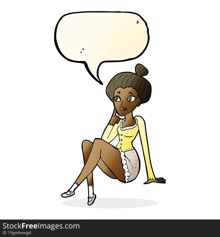 cartoon attractive woman sitting thinking with speech bubble