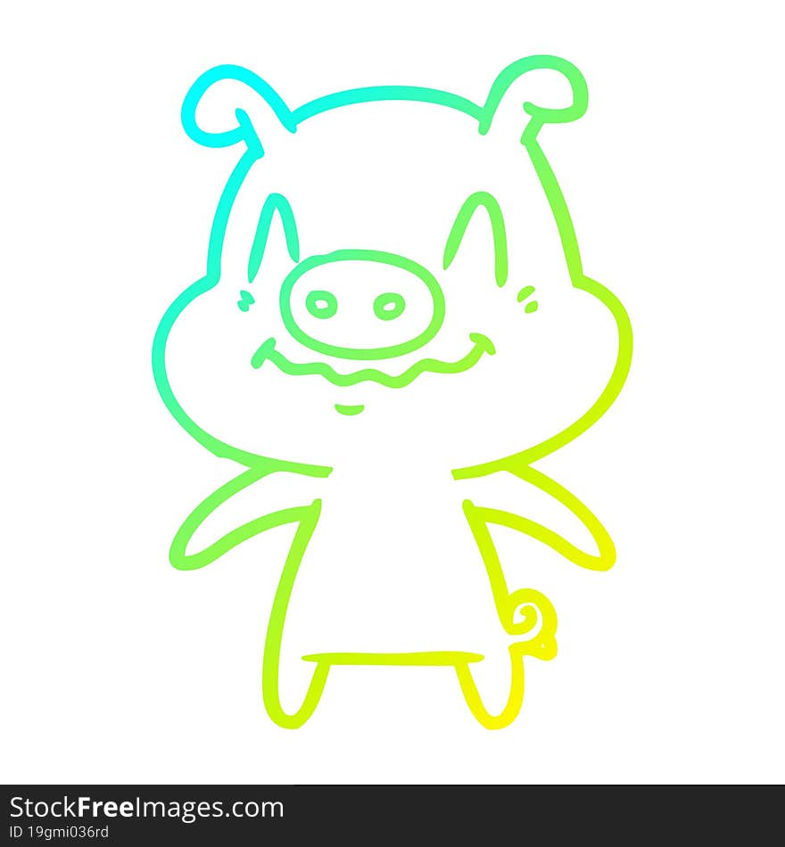 cold gradient line drawing of a nervous cartoon pig