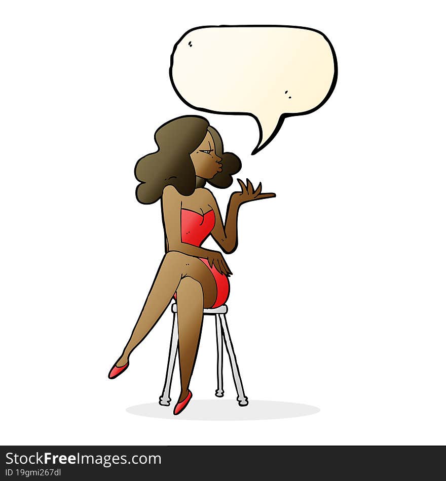 Cartoon Woman Sitting On Bar Stool With Speech Bubble