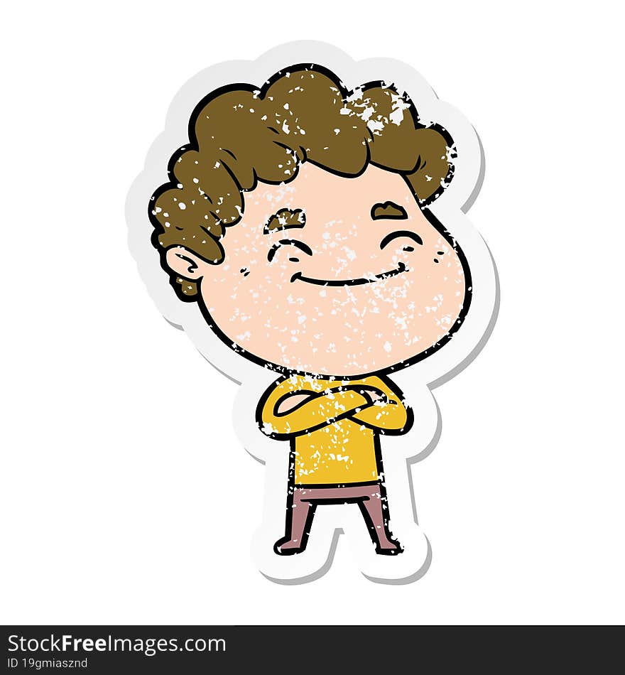 distressed sticker of a cartoon friendly man