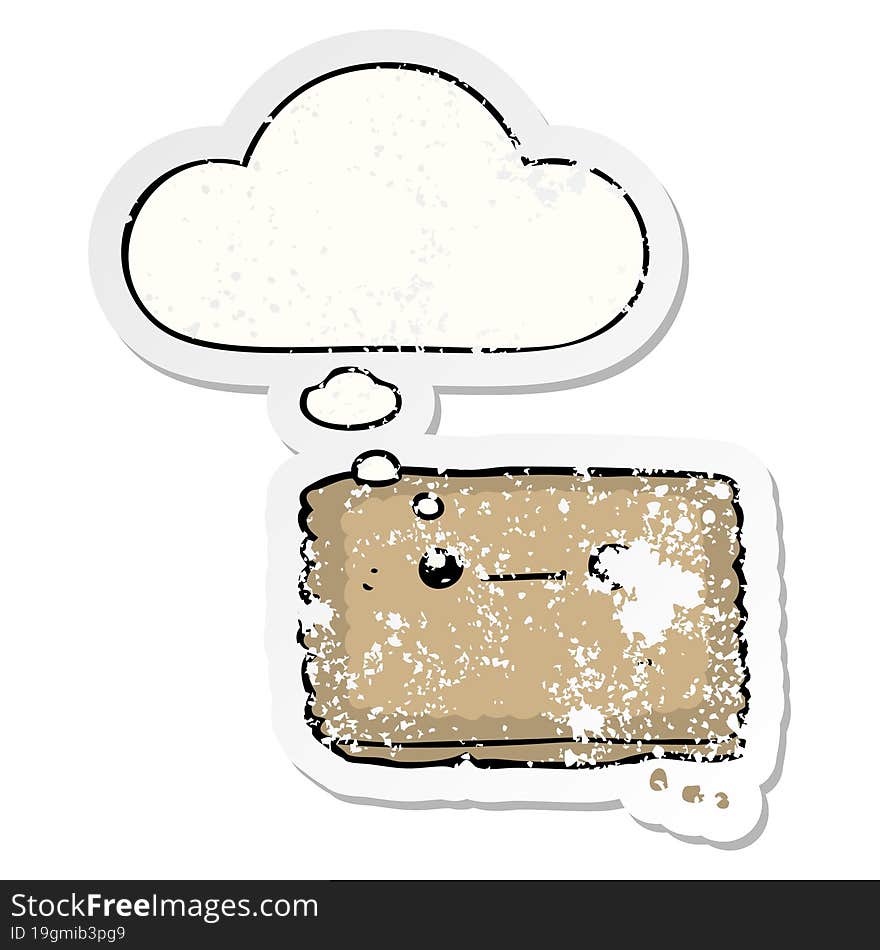 cartoon biscuit and thought bubble as a distressed worn sticker