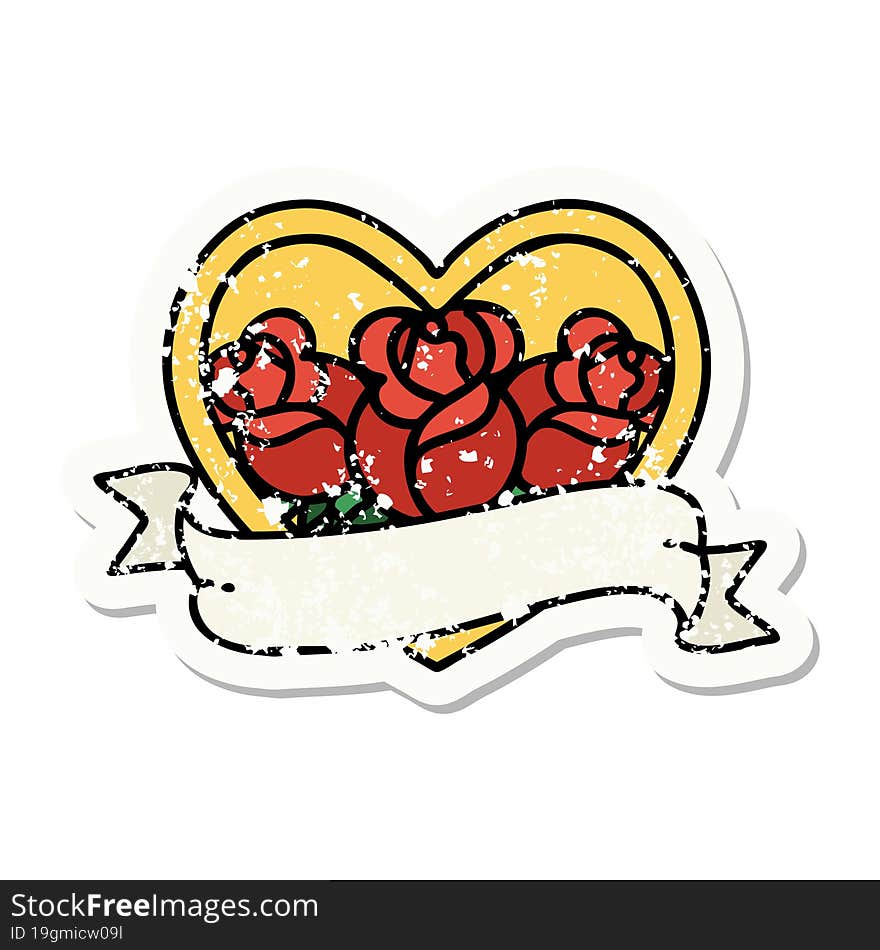 distressed sticker tattoo in traditional style of a heart and banner with flowers. distressed sticker tattoo in traditional style of a heart and banner with flowers