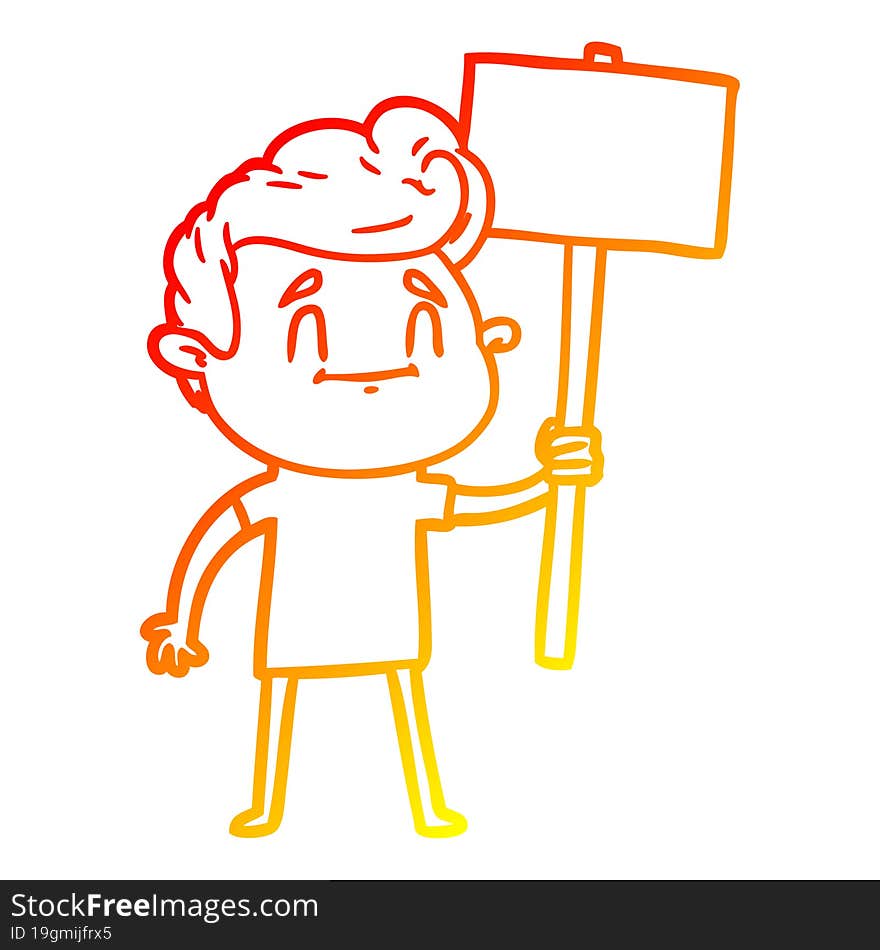 warm gradient line drawing of a happy cartoon man with sign