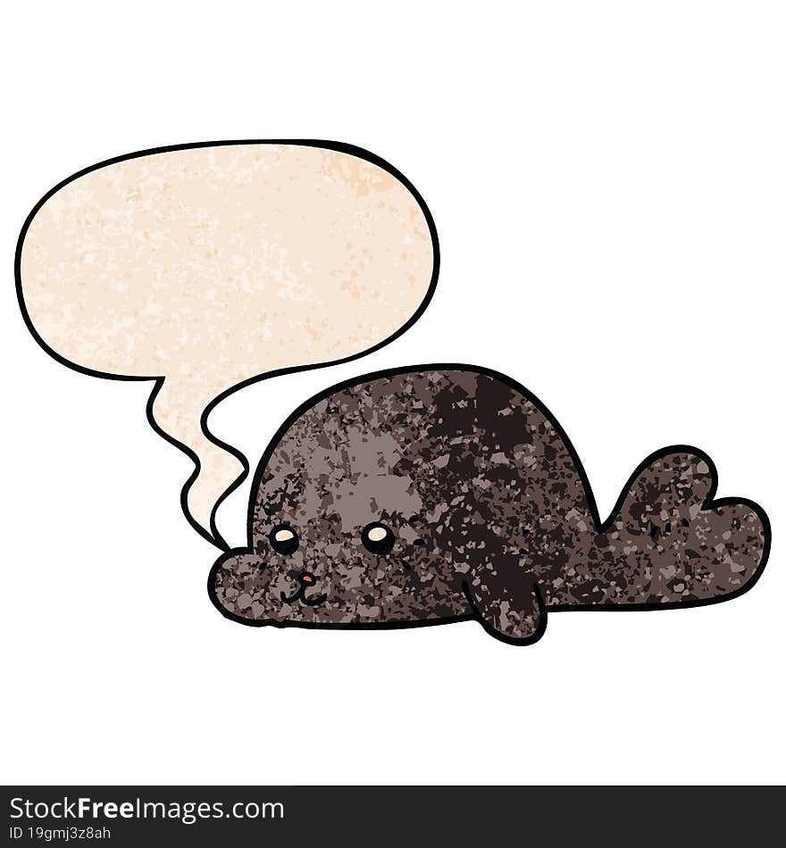 cartoon baby seal and speech bubble in retro texture style