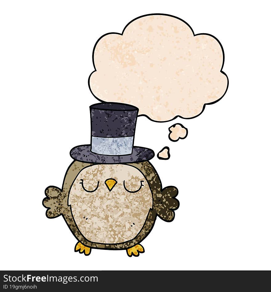 Cartoon Owl Wearing Top Hat And Thought Bubble In Grunge Texture Pattern Style