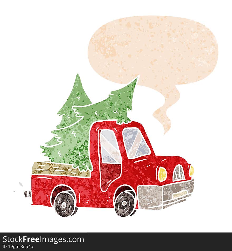 cartoon pickup truck carrying trees and speech bubble in retro textured style