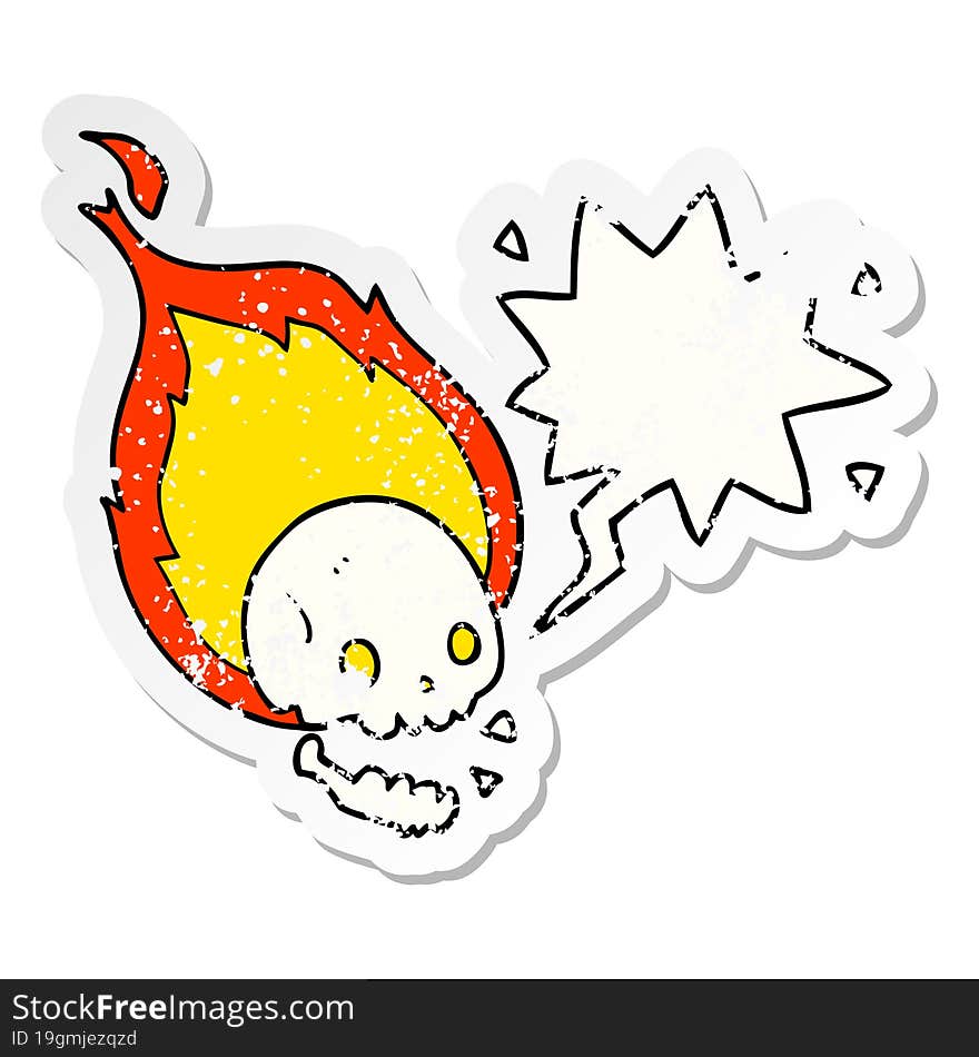 spooky cartoon flaming skull and speech bubble distressed sticker