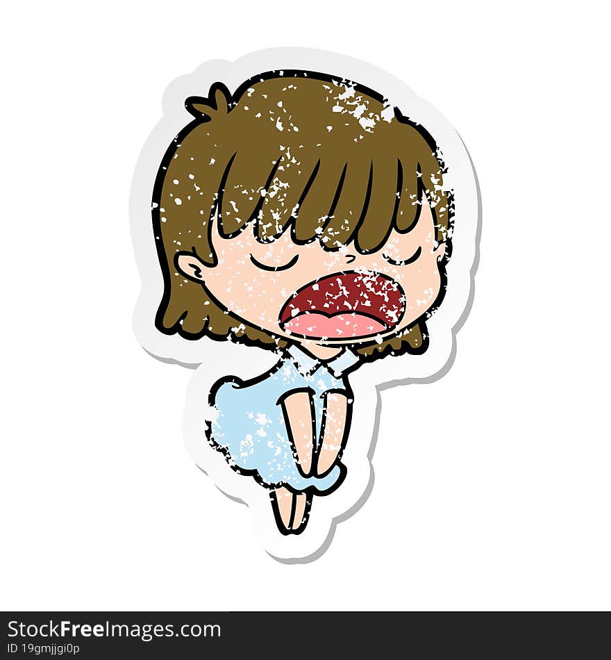 distressed sticker of a cartoon woman talking loudly