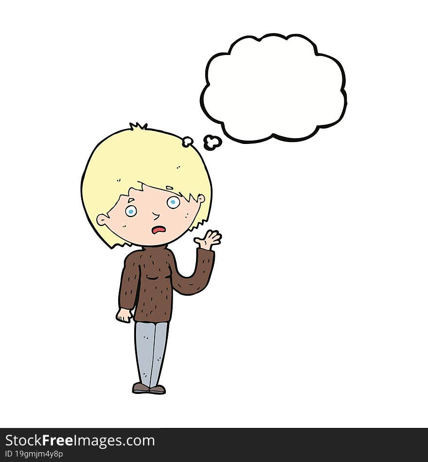 cartoon worried woman with thought bubble