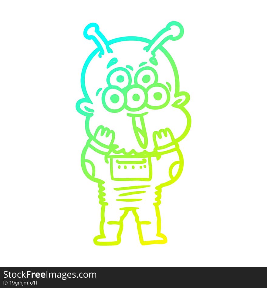 cold gradient line drawing of a happy cartoon alien