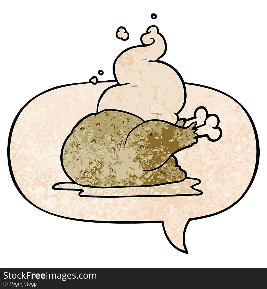 cartoon whole cooked chicken and speech bubble in retro texture style