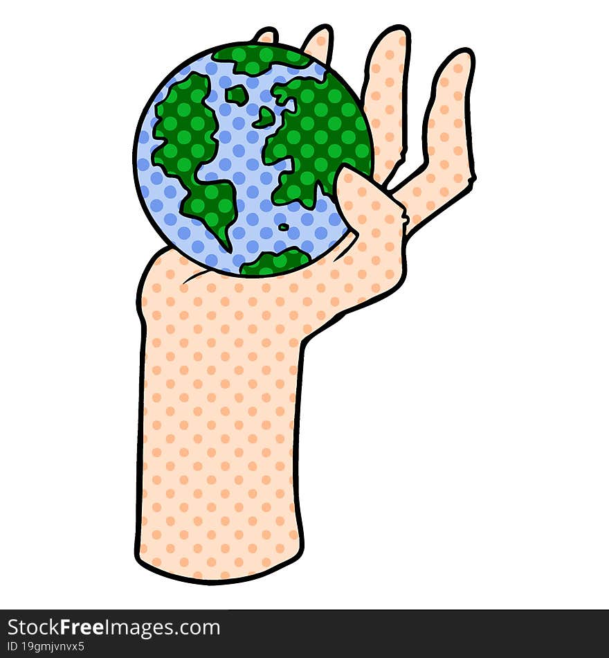 cartoon hand holding whole earth. cartoon hand holding whole earth