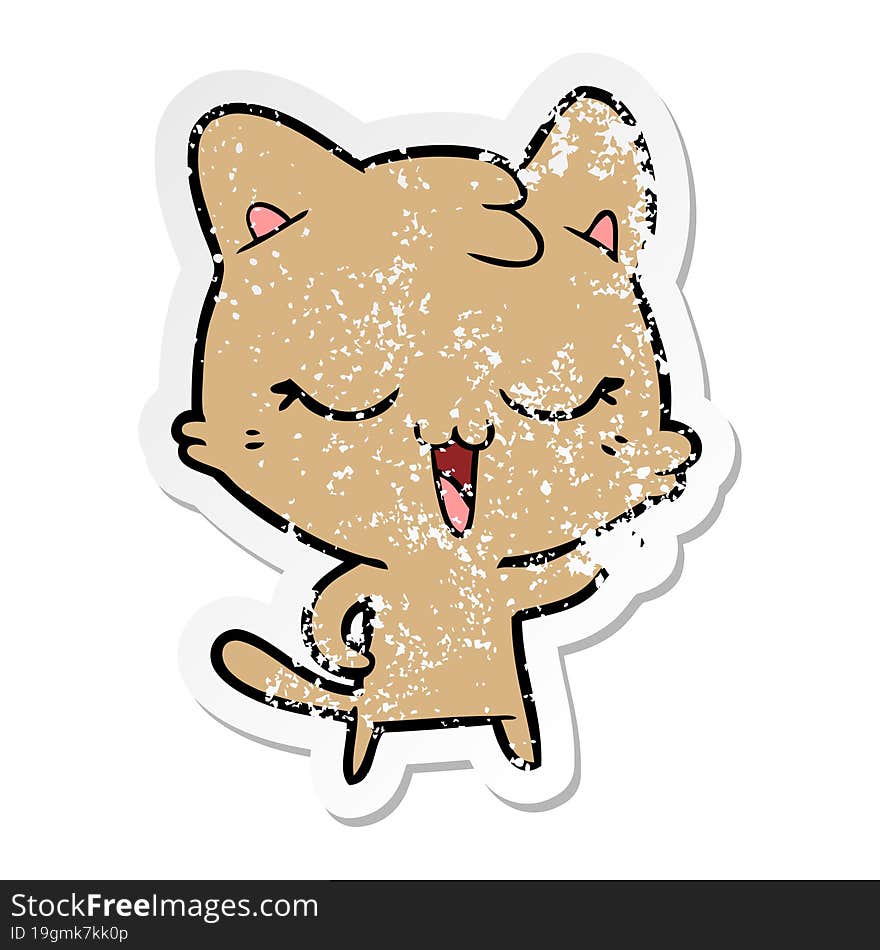 distressed sticker of a happy cartoon cat