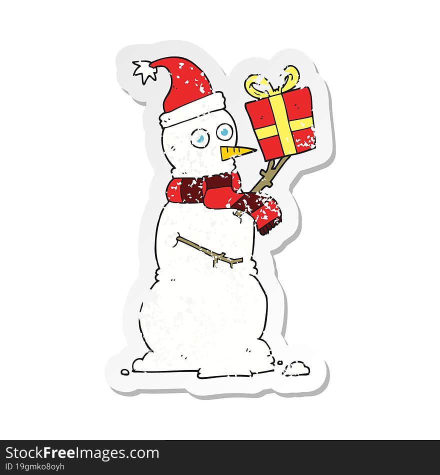 retro distressed sticker of a cartoon snowman holding present