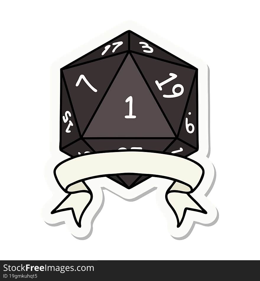 sticker of a natural one d20 dice roll. sticker of a natural one d20 dice roll