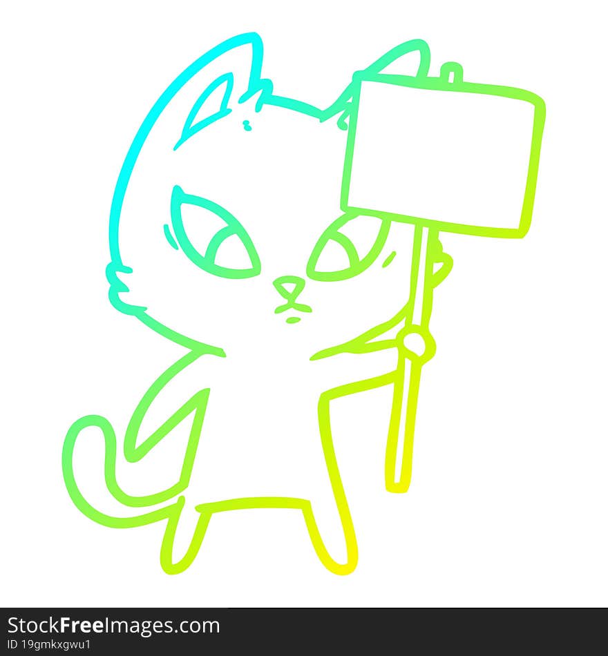 cold gradient line drawing confused cartoon cat with protest sign