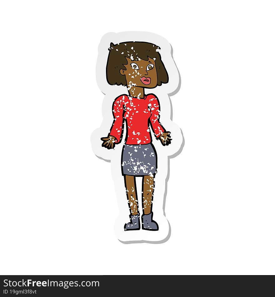 Retro Distressed Sticker Of A Cartoon Woman Shrugging Shoulders