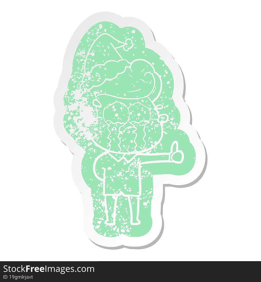 cartoon distressed sticker of a crying man wearing santa hat