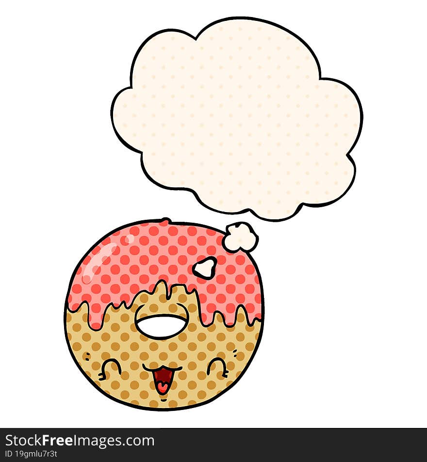 cute cartoon donut and thought bubble in comic book style