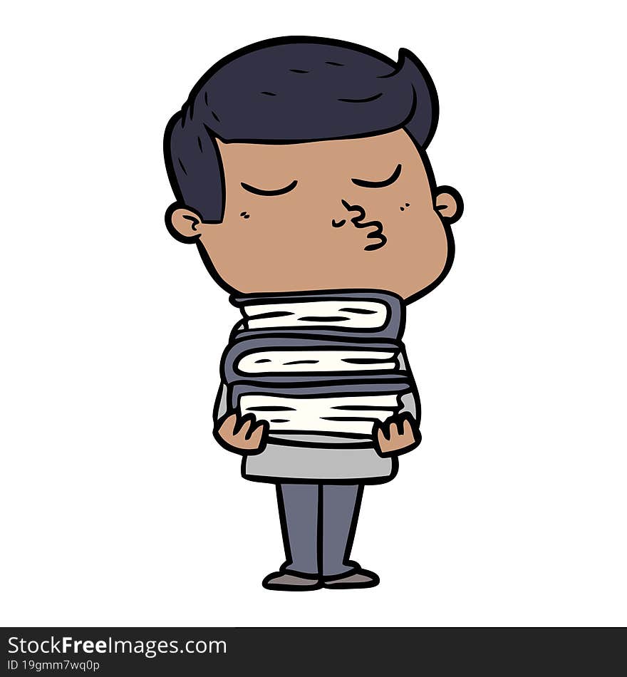 cartoon model guy pouting holding books. cartoon model guy pouting holding books