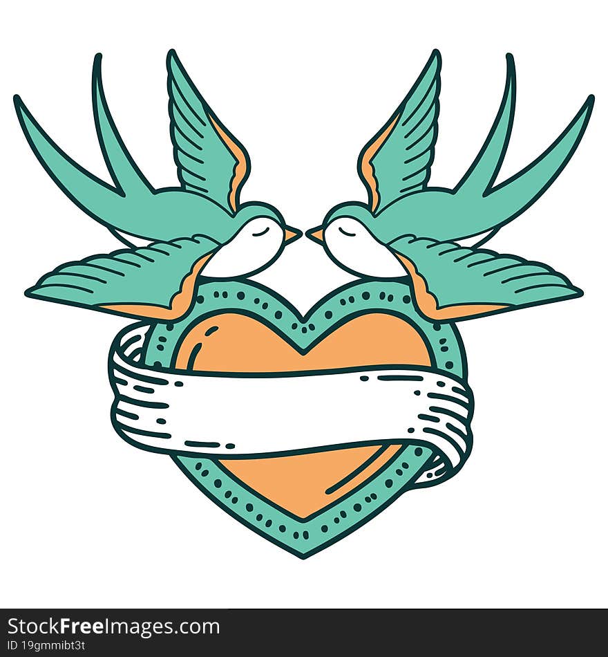 Tattoo Style Icon Of A Swallows And A Heart With Banner