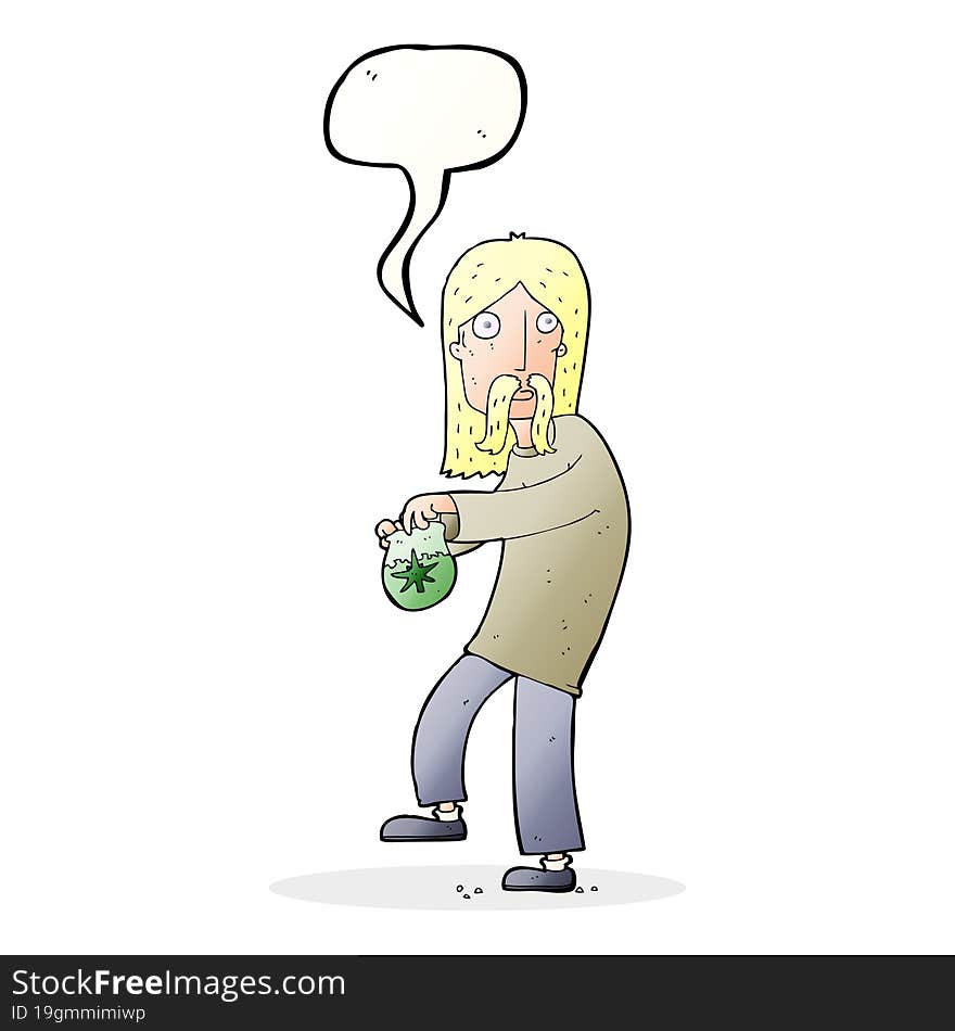 cartoon hippie man with bag of weed with speech bubble