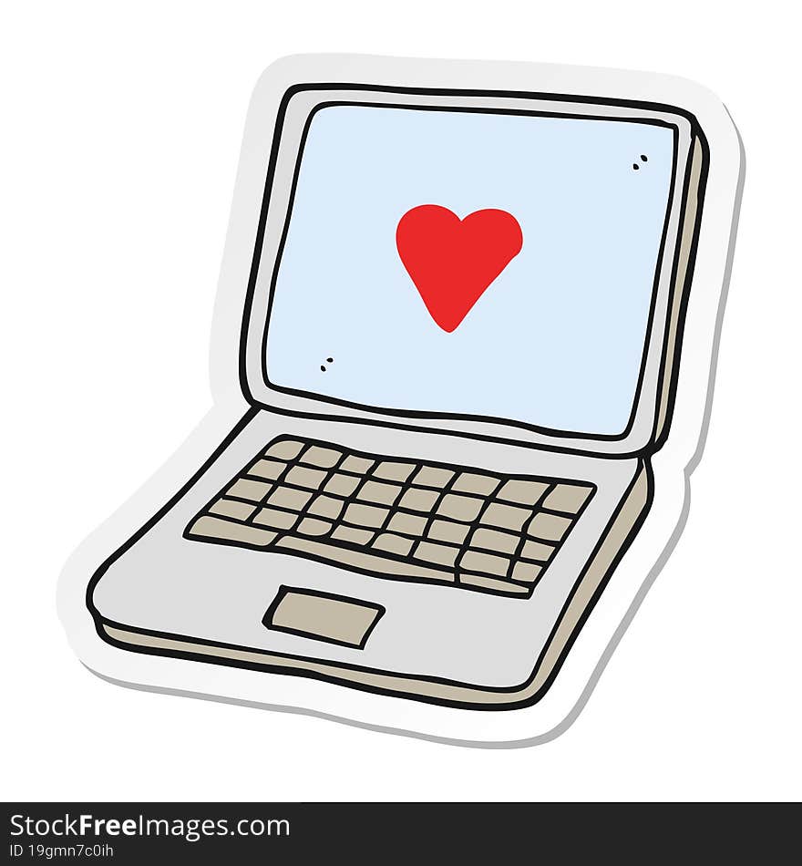 sticker of a cartoon laptop computer with heart symbol on screen