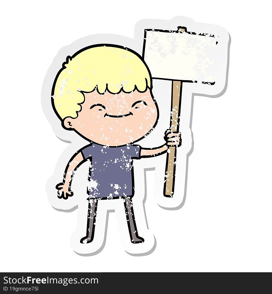 distressed sticker of a cartoon smiling boy with placard