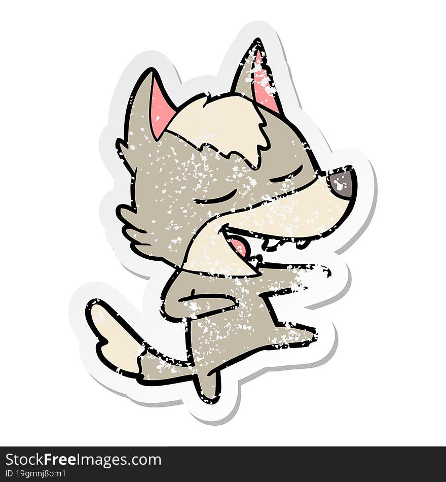 Distressed Sticker Of A Cartoon Wolf Laughing