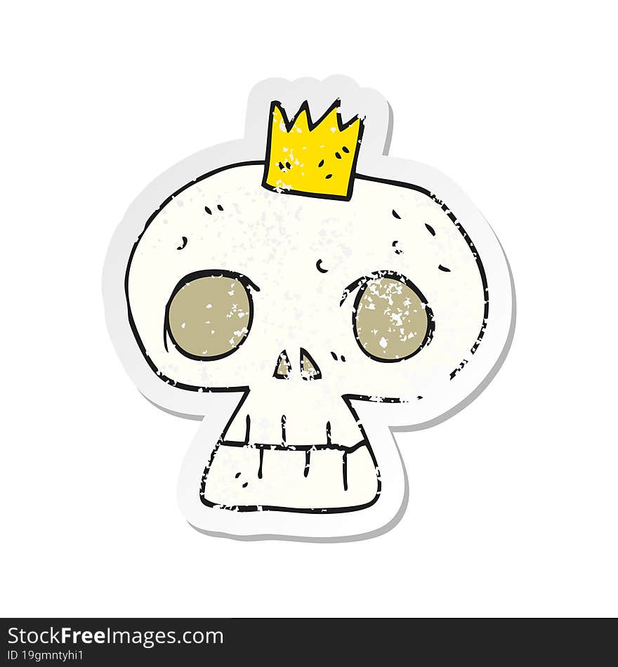 retro distressed sticker of a cartoon skull with crown