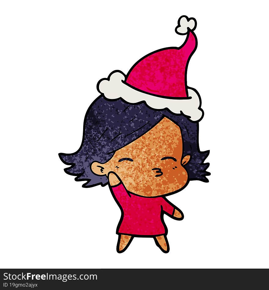 hand drawn textured cartoon of a woman wearing santa hat