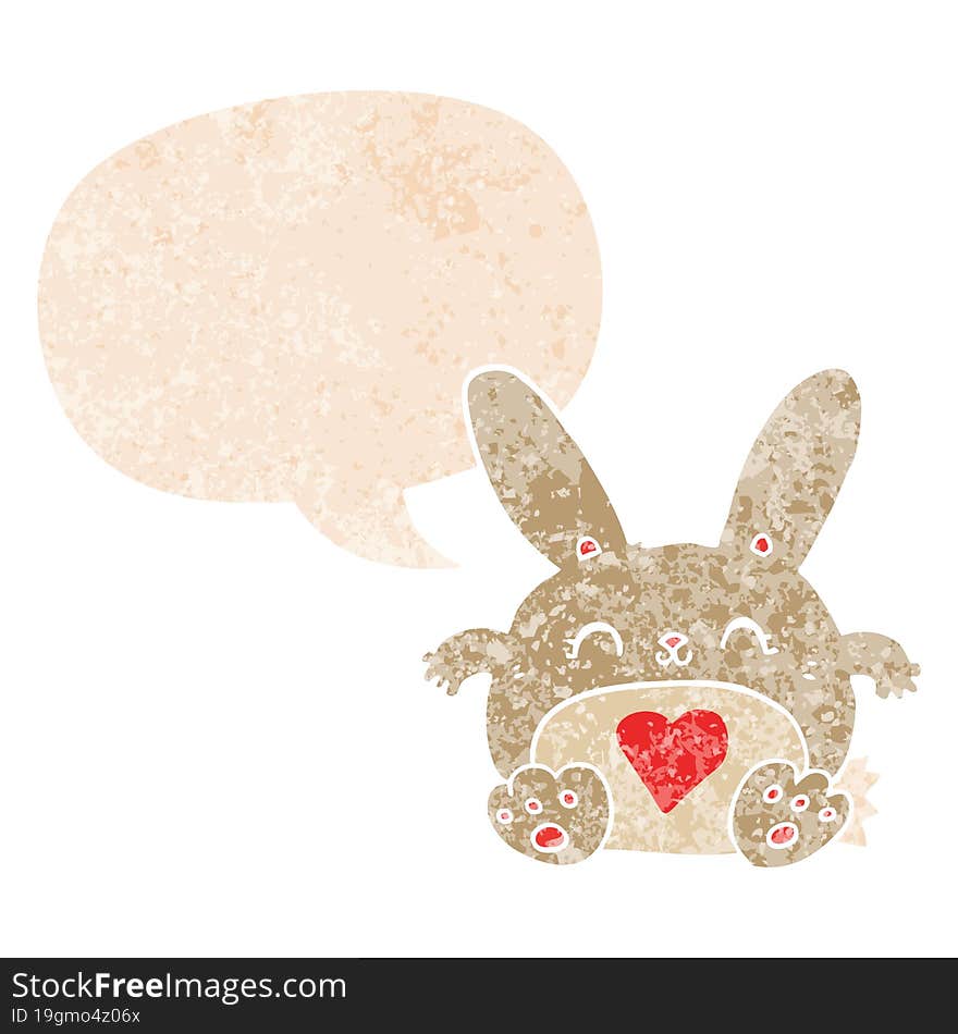 cute cartoon rabbit with love heart with speech bubble in grunge distressed retro textured style. cute cartoon rabbit with love heart with speech bubble in grunge distressed retro textured style