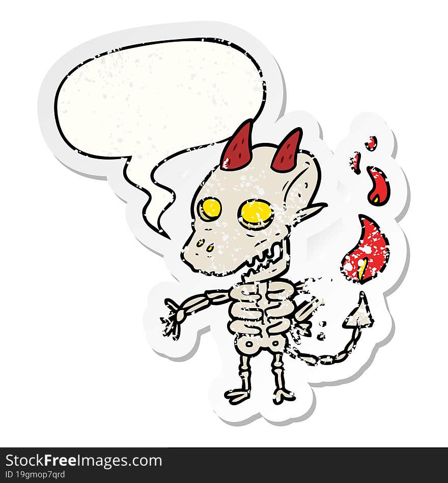 cartoon spooky skeleton demon with speech bubble distressed distressed old sticker. cartoon spooky skeleton demon with speech bubble distressed distressed old sticker