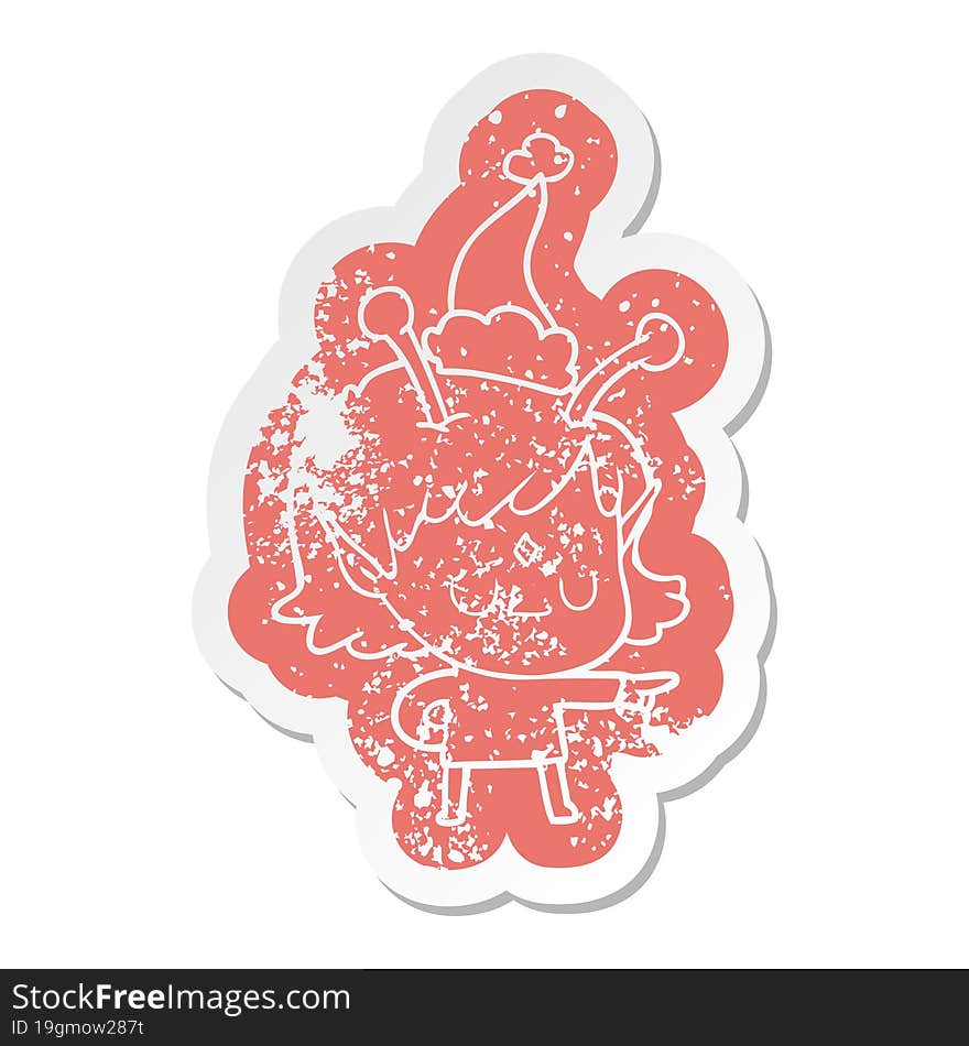 cartoon distressed sticker of a alien girl wearing santa hat