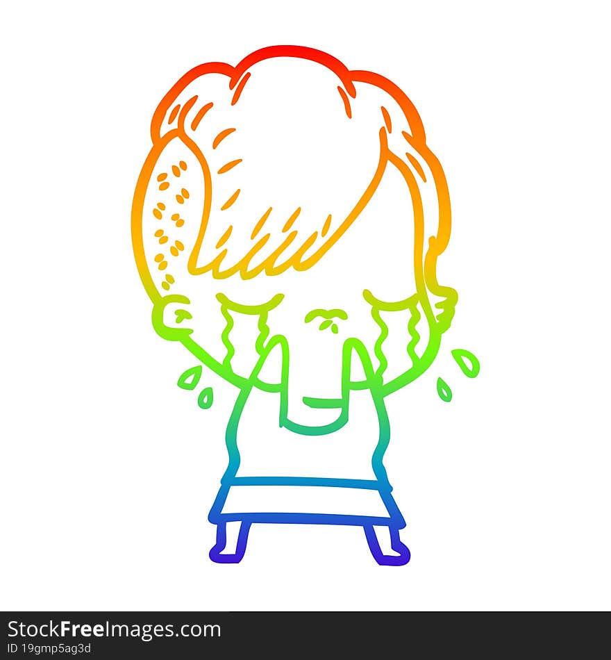 rainbow gradient line drawing of a cartoon crying girl