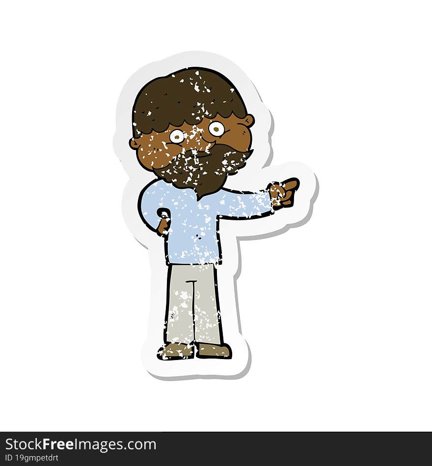 retro distressed sticker of a cartoon bearded man pointing