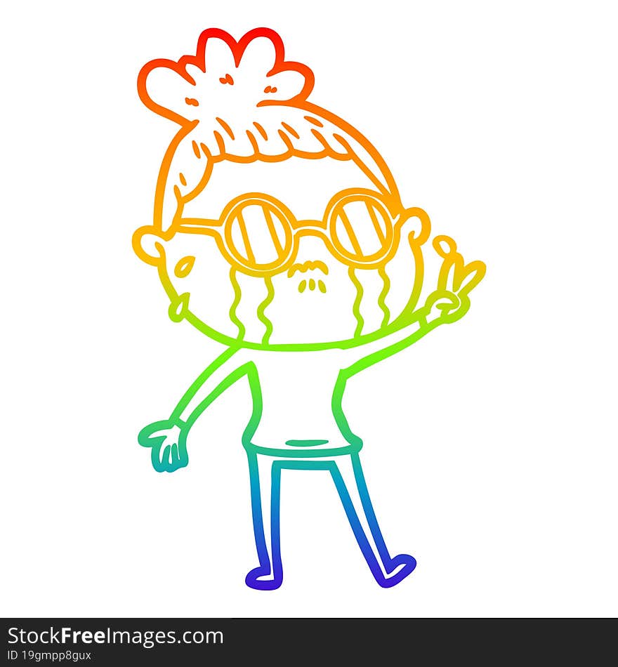 rainbow gradient line drawing cartoon crying woman wearing spectacles