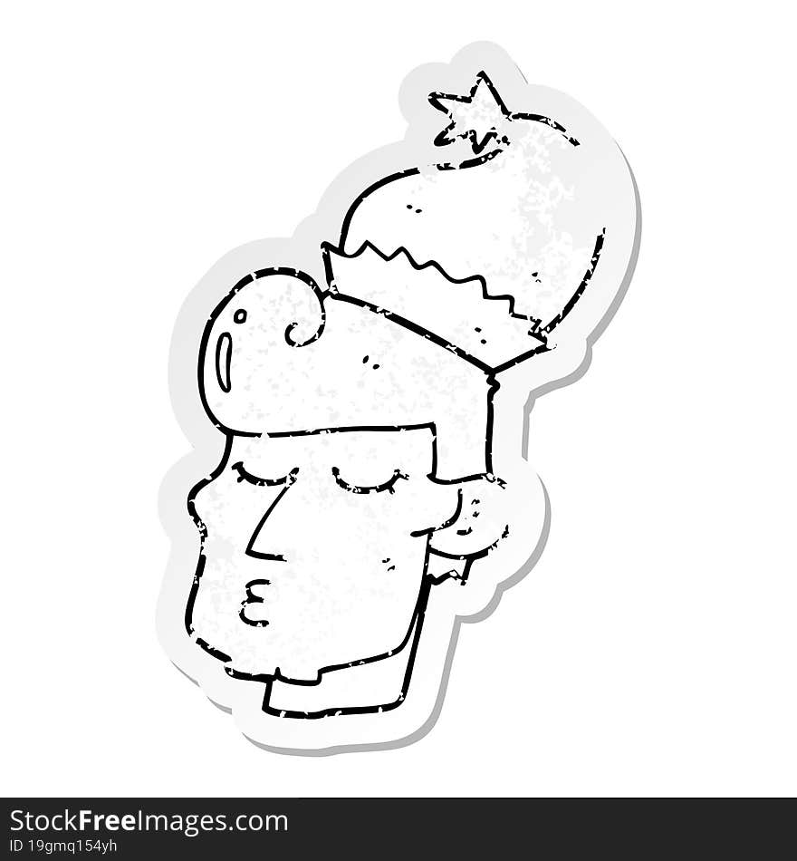 distressed sticker of a cartoon man wearing christmas hat