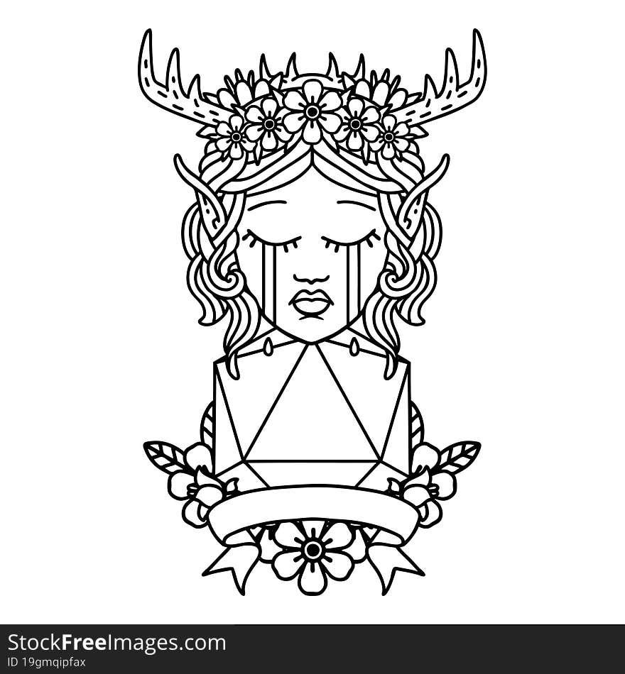 Black and White Tattoo linework Style sad elf druid character face with natural one D20 roll. Black and White Tattoo linework Style sad elf druid character face with natural one D20 roll