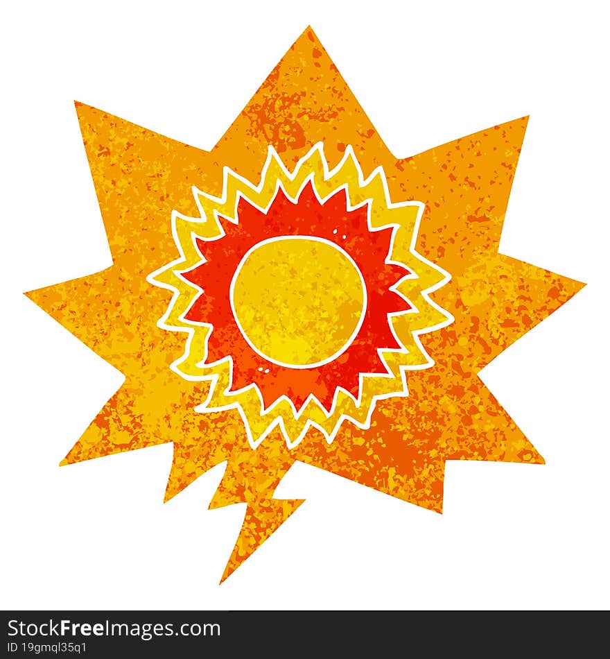 cartoon sun and speech bubble in retro textured style