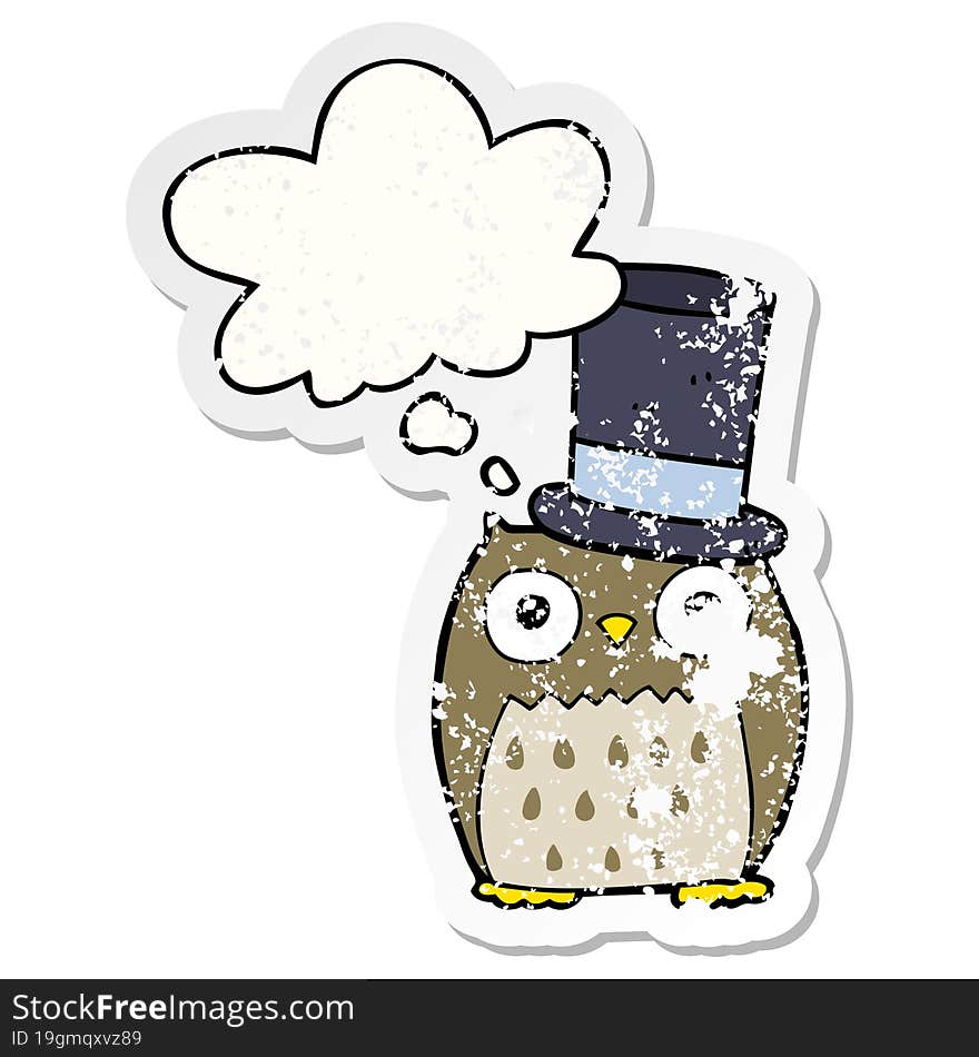 cartoon owl wearing top hat and thought bubble as a distressed worn sticker