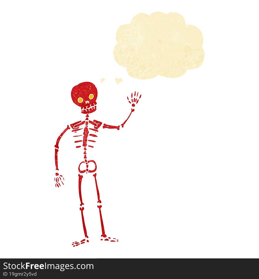 cartoon waving skeleton with thought bubble