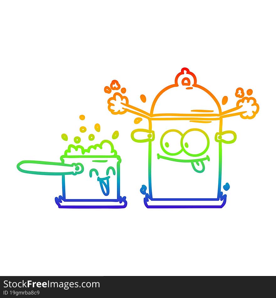 rainbow gradient line drawing of a bubbling pans cartoon