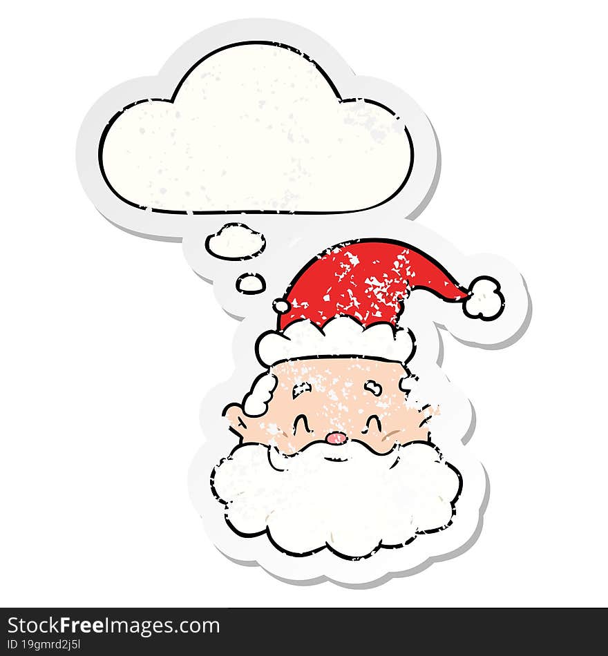 cartoon santa claus with thought bubble as a distressed worn sticker