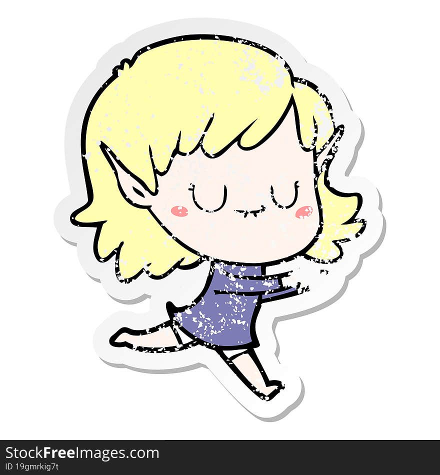 distressed sticker of a happy cartoon elf girl posing